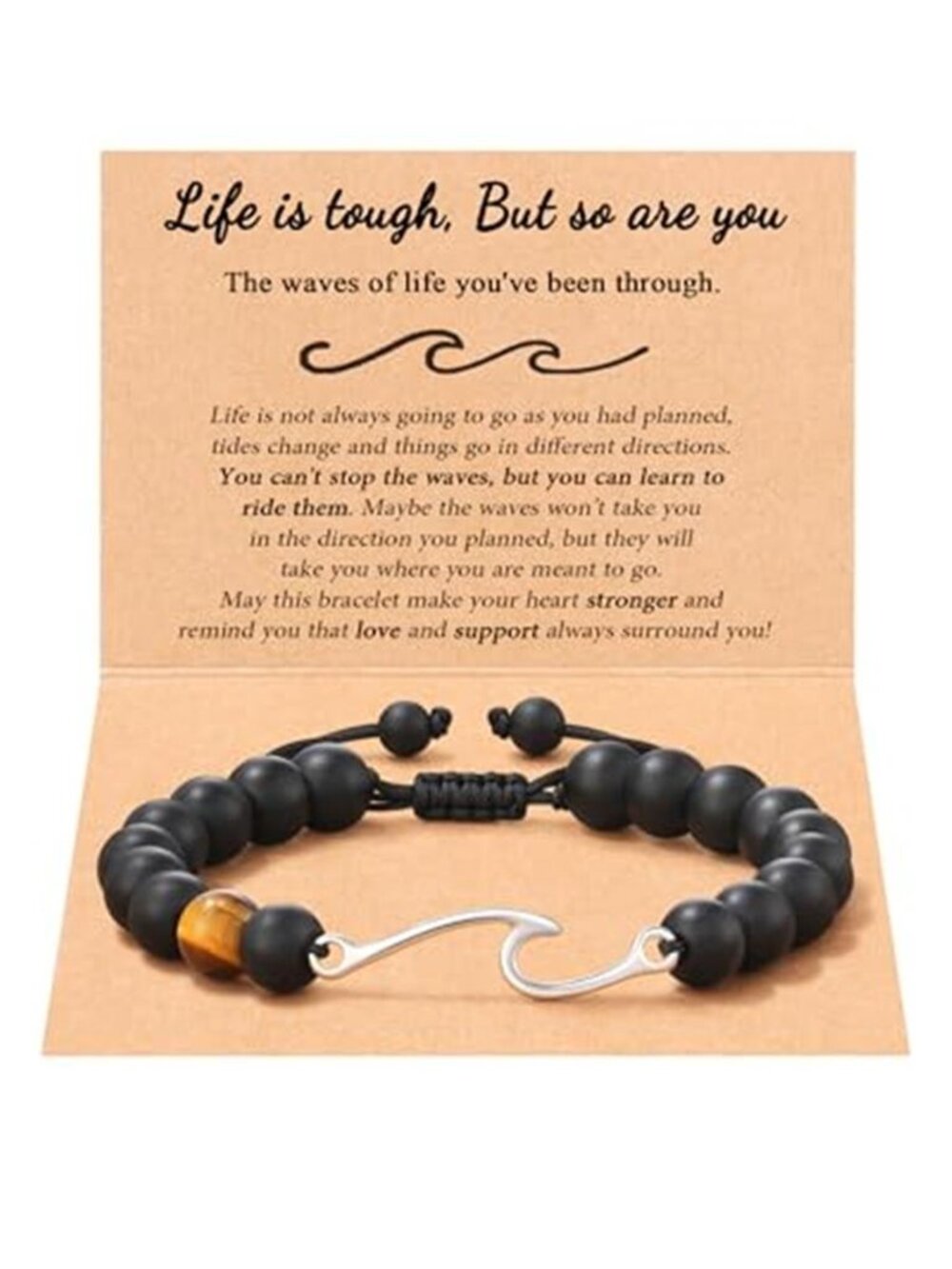 Mens Beaded Bracelet Stainless Steel Wave Charm Adjustable Inspirational Jewelry